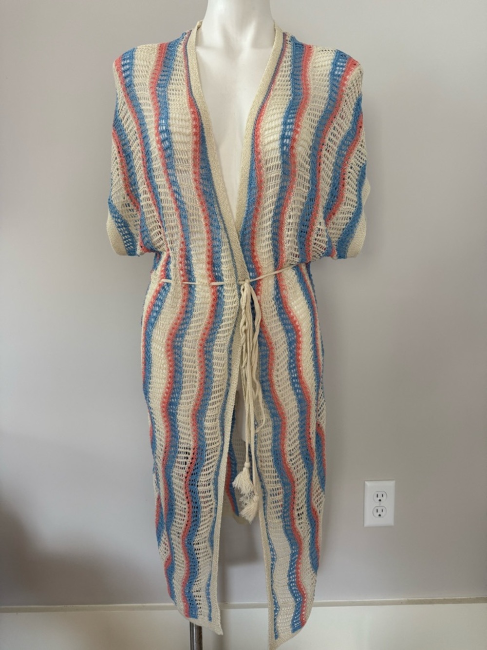 POL Open-Knit Crochet Cardigan in Cream, Blue & Coral Pink
